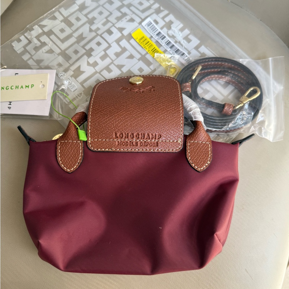 Longchamp Mini Le Pliage Top-Handle Bag in Burgundy with Brown Flap - Picture 3 of 5